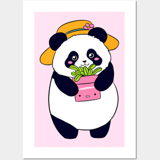 Cute panda bear holding a plant Posters and Art